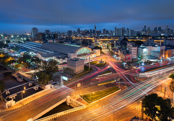 Cityscape view of Bangkok Railway Station or Hua Lamphong Railway Station at night, Thailand