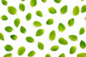 Fresh mint leaves on white background, top view