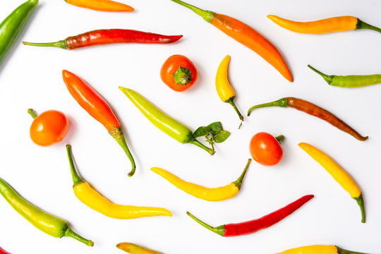 Various kinds of peppers flat lay