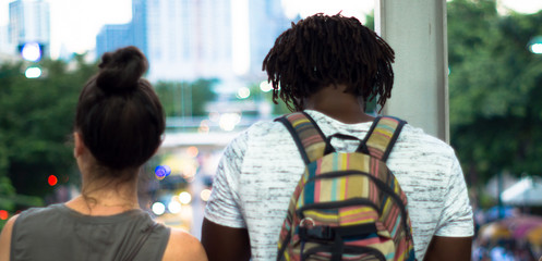 rear view Men and women tourism  Backpacker