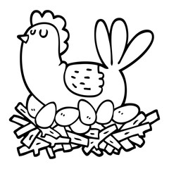 black and white cartoon chicken on nest of eggs