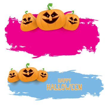 Halloween web pink grunge Banner or poster with Halloween scary pumpkins isolated on white background . Funky kids Halloween banner with space for greeting text or sale