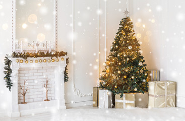 Christmas tree background and Christmas decorations, blurred, sparking, glowing. Happy New Year and Xmas theme