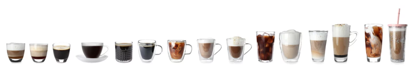 Foto op Plexiglas Set met verschillende soorten koffiedranken op witte achtergrond © New Africa