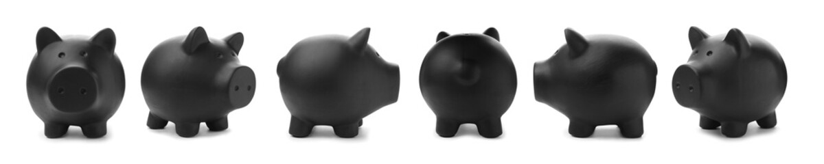 Set with black piggy bank from different views on white background