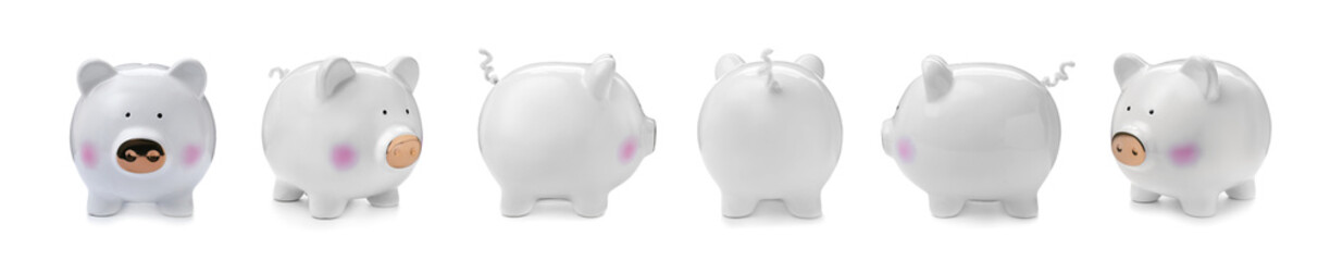 Set with piggy bank from different views on white background