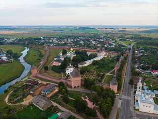 Scenic panoramic view of Suzdal, Russia. St Euthymius Monastery at the small river. Suzdal is a famous tourist attraction and part of the Golden Ring of Russia. Beautiful panorama of Suzdal in summer
