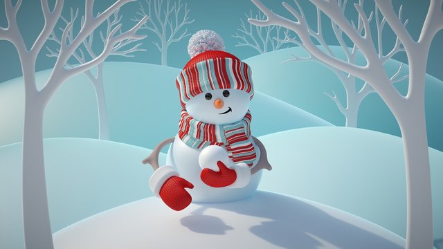 3d render, cute funny snowman wearing red hat and scarf, holding snowball, standing in snowy forest, winter Christmas background, New Year greeting card, festive character