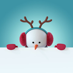 3d render, christmas snowman character, looking down, furry headphones, reindeer antler, blank...