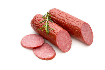 Salami smoked sausage, basil leaves on white background cutout.