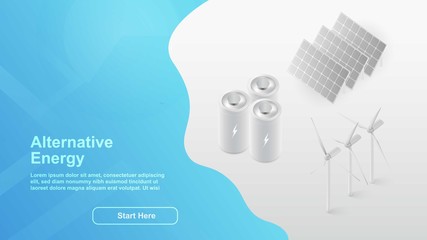 Alternative energy. Solar, wind power. Web page concept for your design. 3d isometric concept landing page
