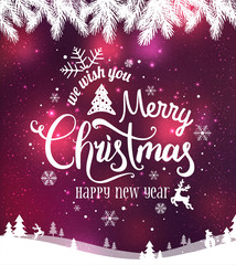 Christmas and New Year typographical on background with winter landscape with snowflakes, light, stars. Xmas card.