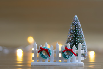 Christmas tree and decorations with defocused lights and bokeh
