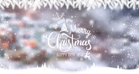 Merry Christmas and New Year typographical on holidays background with winter landscape with snowflakes, light, stars.