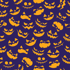 Obraz premium Seamless minimal cartoon halloween vector pattern with pumpkin scary and funny faces. For cards, invitations, wedding or baby shower albums, backgrounds and scrapbooks.