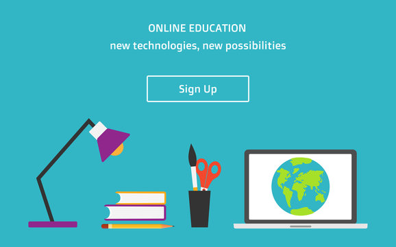 Vector flat style online education web banner with sign up butto