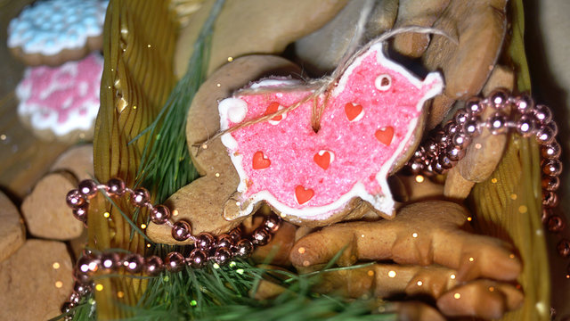 Christmas or New Year still life with cookies in a basket in the form of a pink pig, the symbol of the year. on the background of Christmas trees and garlands. Close-up.
