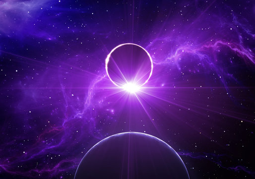 Fototapeta Exoplanet passes in front of its host star in deep space. Star eclipse. For use with projects on science, research, and education.