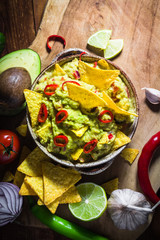 bowl guacamole chips ingredients tomato chilli pepper lime onion garlic dill