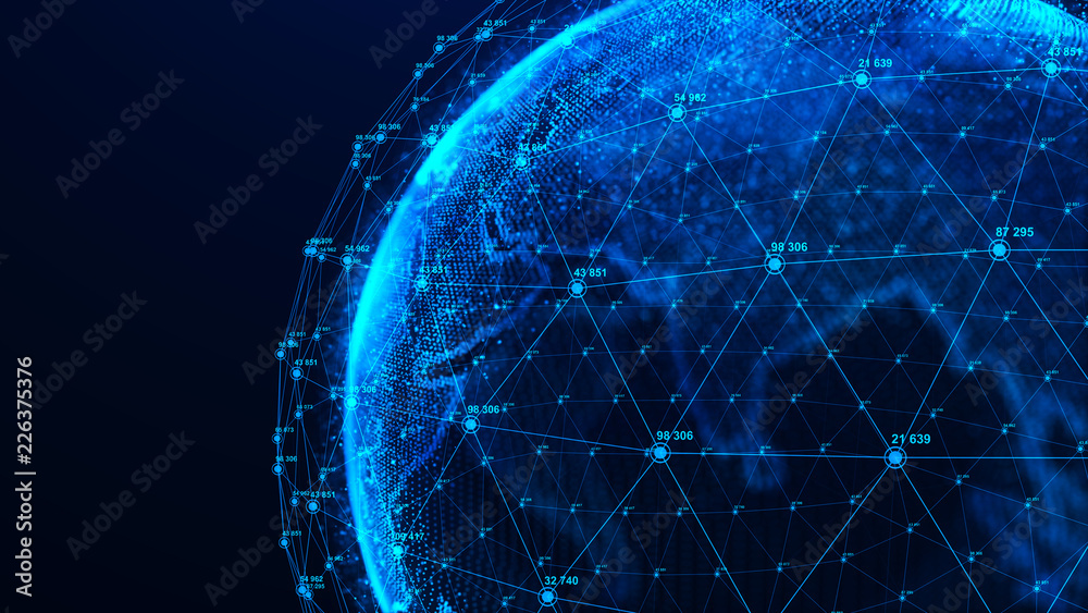 Poster Global network concept. World map point. Global network planet Earth. 3D rendering.