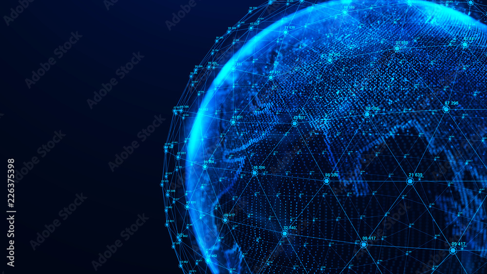 Poster Global network concept. World map point. Global network planet Earth. 3D rendering.