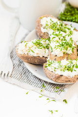 Healthy breakfast sandwiches white cream cheese croissants milk