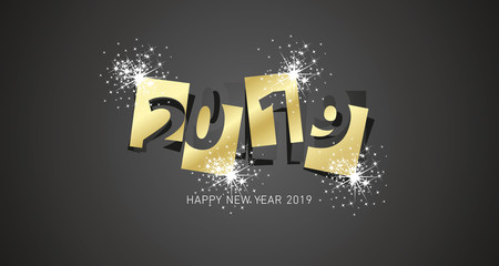 Fototapeta na wymiar New Year 2019 firework spark design negative space numbers gold black background