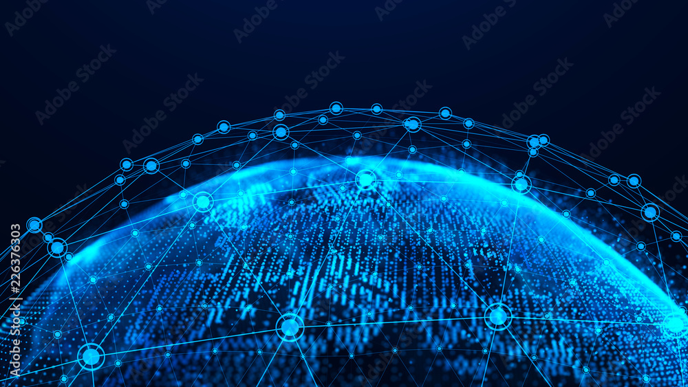 Poster Global network concept. World map point. Global network planet Earth. 3D rendering.