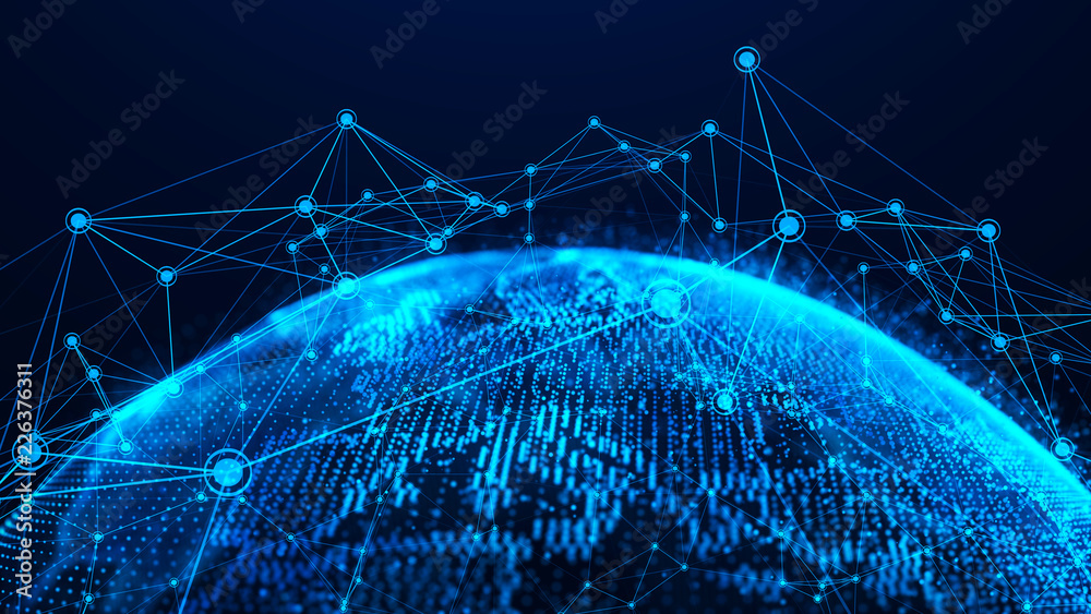 Poster Global network concept. World map point. Global network planet Earth. 3D rendering.