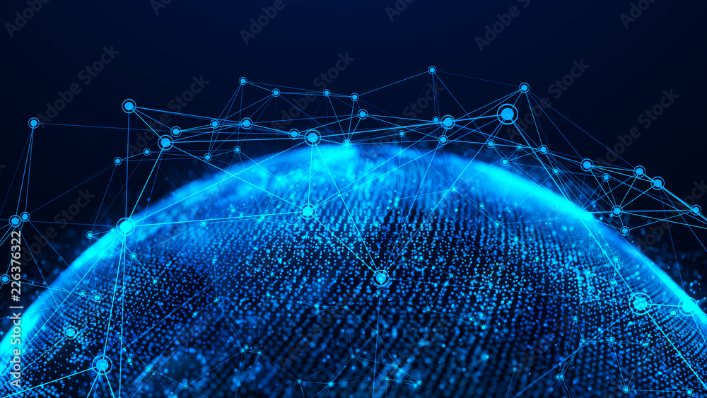Poster Global network concept. World map point. Global network planet Earth. 3D rendering.