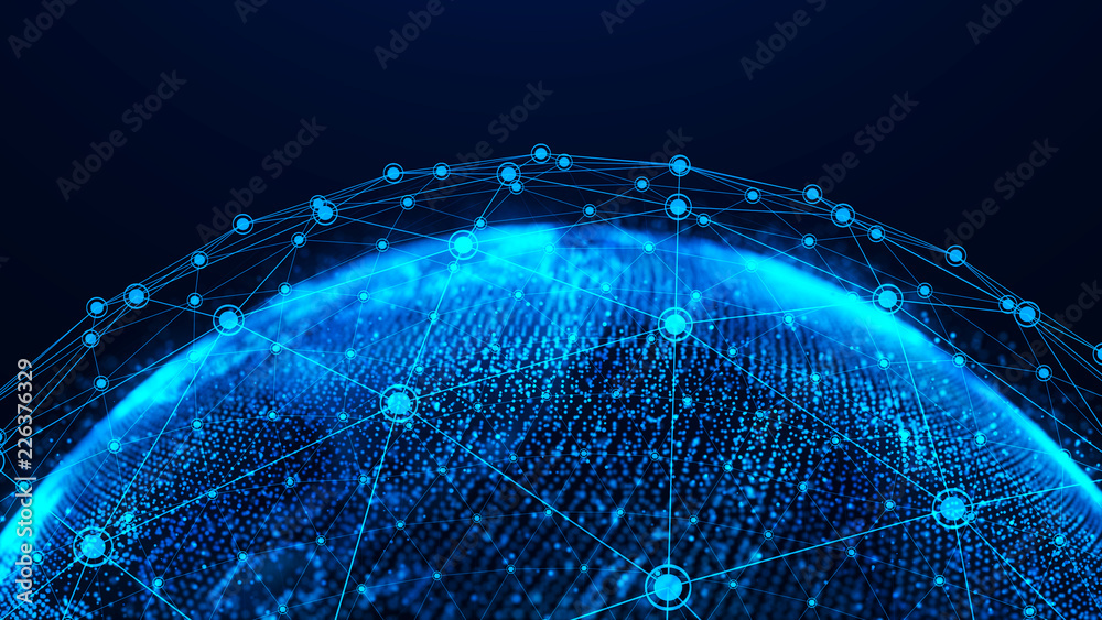 Poster Global network concept. World map point. Global network planet Earth. 3D rendering.