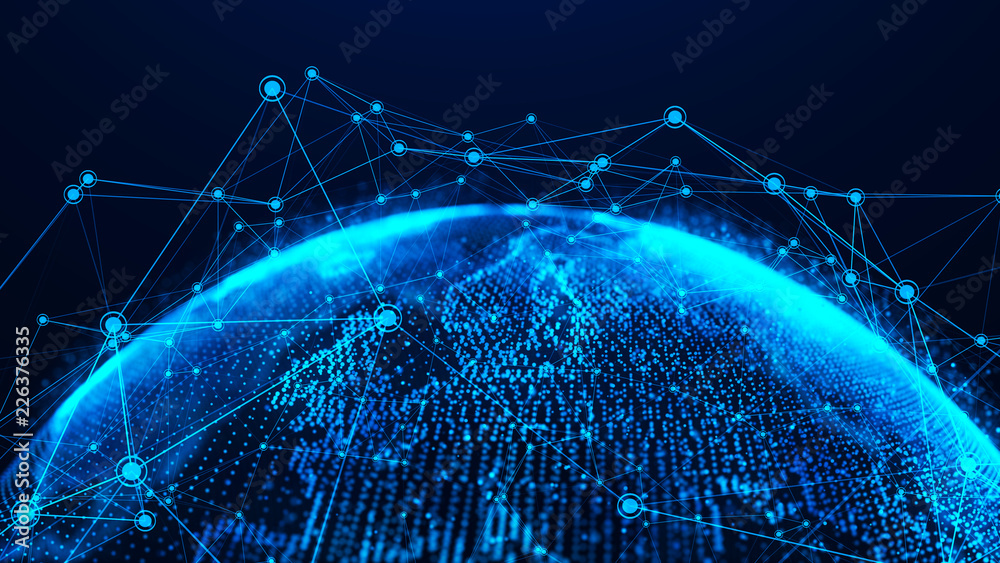 Poster Global network concept. World map point. Global network planet Earth. 3D rendering.