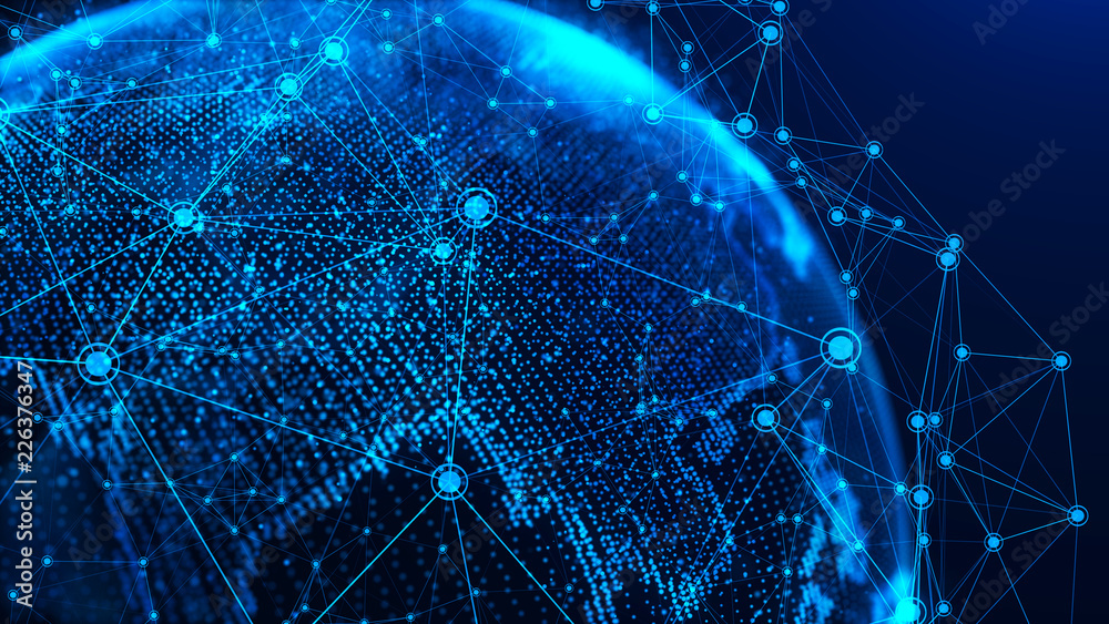 Poster Global network concept. World map point. Global network planet Earth. 3D rendering.