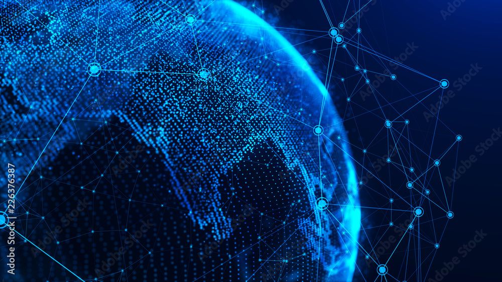 Poster Global network concept. World map point. Global network planet Earth. 3D rendering.