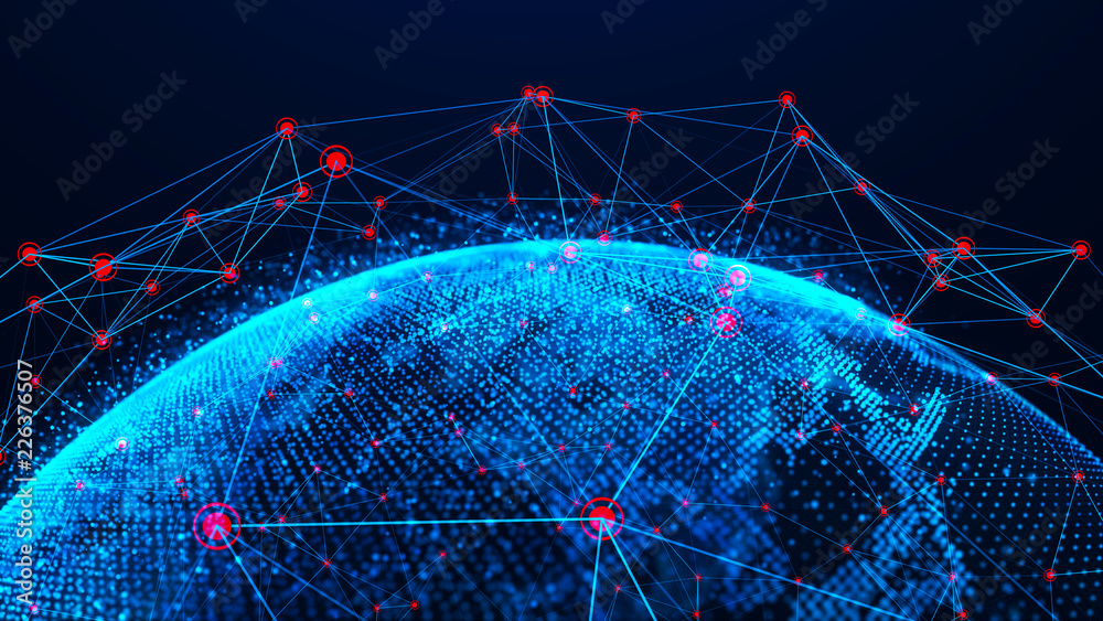 Aufkleber Global network concept. World map point. Global network planet Earth. 3D rendering.