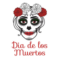 Sign Dia de los muertos. Catrina woman with make up of sugar skull. Mexican Day of the dead. Vector illustration hand drawing