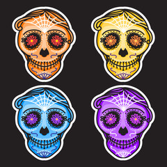Set Calavera sign Dia de los muertos. Mexican Day of the dead. Vector hand drawing illustration man sticker. Orange color