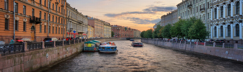 Large-format panorama of the Moika river embankment in St. Petersburg