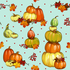 Funny seamless background with texture of ripe pumpkins on theme of the Halloween holiday party. Cute greeting card on theme of golden autumn, thanksgiving day. Cartoon vector close-up illustration.