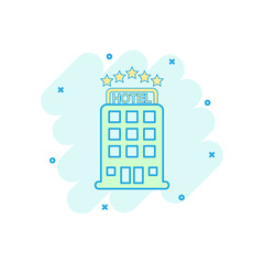 Naklejka premium Cartoon colored hotel icon in comic style. Motel rest illustration pictogram. Hotel sign splash business concept.