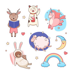 Sweet animals. Kitten, unicorn, sleepy bear, smart baby deer, flying sheep. Stickers set. Vector illustrations. 