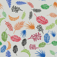 Abstract color hand drawn leaves grey background