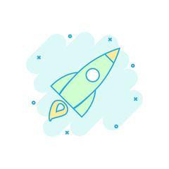 Cartoon colored rocket icon in comic style. Space shuttle illustration pictogram. Rocket sign splash business concept.