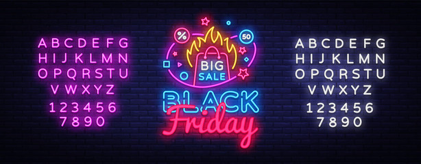 Black Friday Sale neon banner vector design template. Black Friday Big discounts neon logo, light banner design element colorful modern design trend, bright sign. Vector. Editing text neon sign