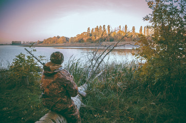 hunting, hunter, duck, gun, shotgun, shooting, nature, weapon, silhouette, male, sport, camouflage, leisure, person, rifle, people, man, lifestyle, outdoors, activity, season, equipment, sky, men, wil