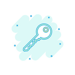Cartoon colored key icon in comic style. Unlock illustration pictogram. Key sign splash business concept.