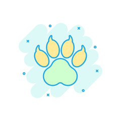 Cartoon colored paw print icon in comic style. Dog, cat, bear paw illustration pictogram. Pawprint sign splash business concept.