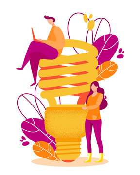 Woman and man with fluorescent lamp in search of new strategy