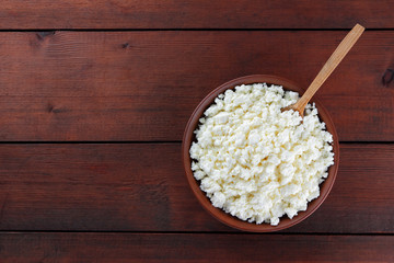 Cottage cheese. Cottage cheese on wooden boards. Soft cheese in earthenware dish. Milk product with wooden spoon. Copy space