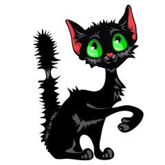 Funny sly black cat with green eyes and mangy tail isolated on white background. Cute homeless animals. Vector cartoon close-up illustration.